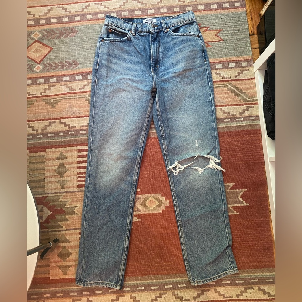Redone distressed straight leg jean